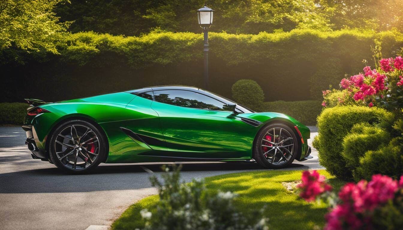 Green sports car parked on a driveway with flowers and manicured bushes.