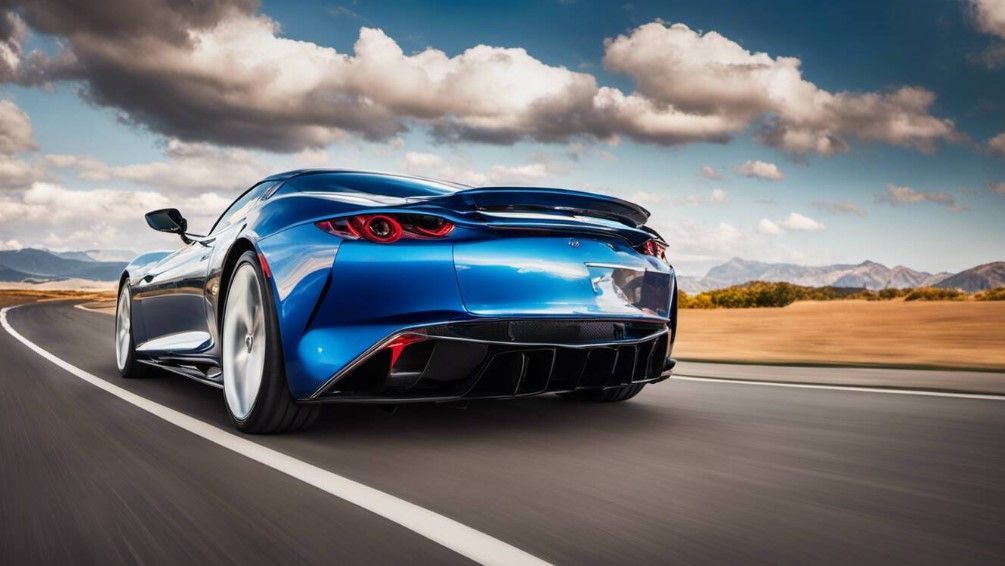 Blue sports car speeding along a curved road with a mountain backdrop and cloudy sky.