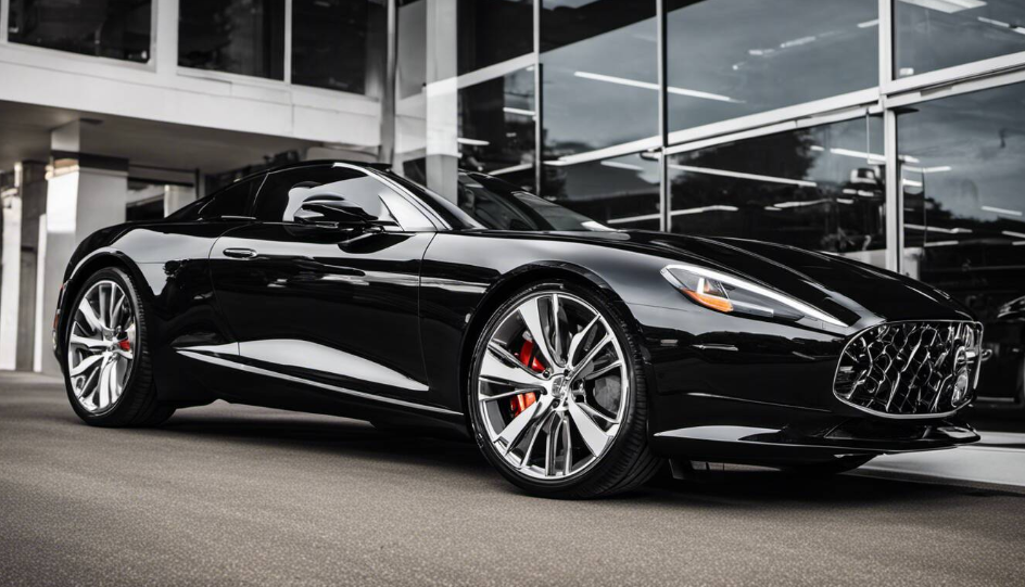 Black convertible sports car parked in front of a modern building with large windows.