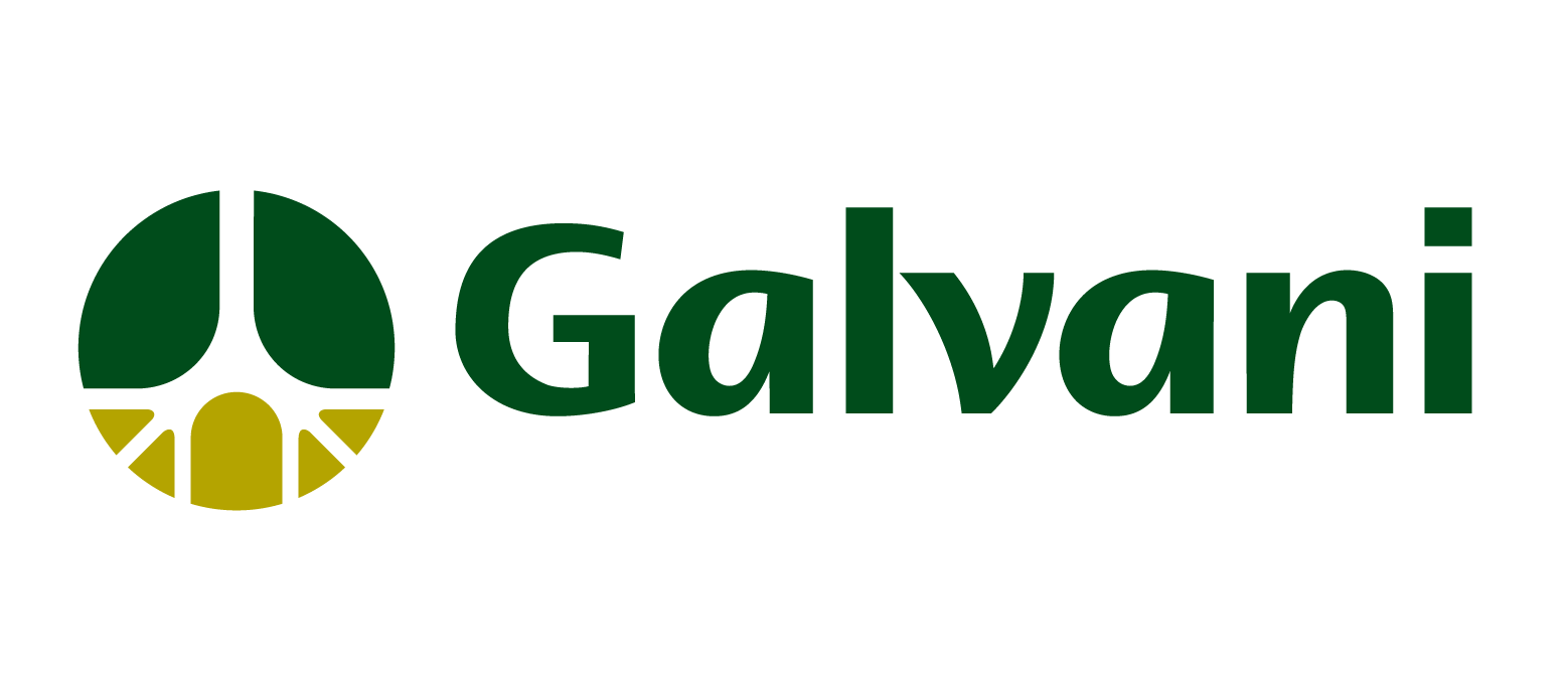 O logotipo da galvani é verde e amarelo com um círculo verde no meio.