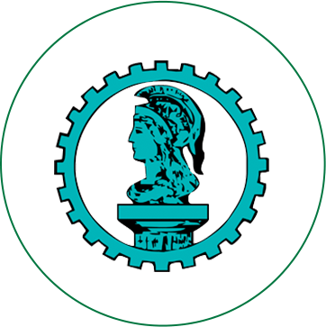 Um logotipo com uma estátua no meio de uma engrenagem
