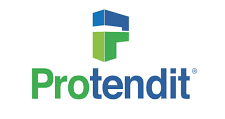 Um logotipo verde e azul para protendit em um fundo branco.