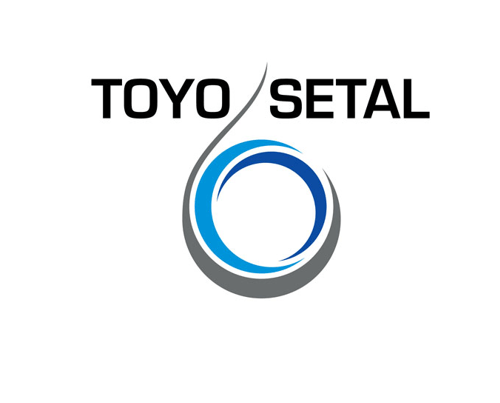 Um logotipo da Toyo Setal com um círculo azul no meio em um fundo branco.