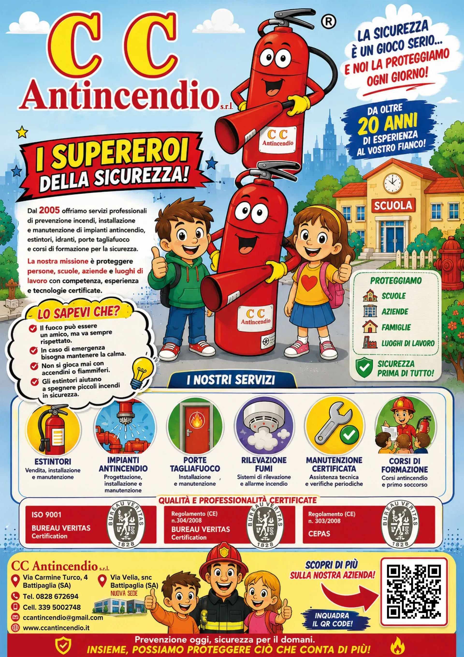 Poster antifumo italiano con personaggi dei cartoni animati sorridenti, consigli per la sicurezza e grafiche rosse di avvertimento
