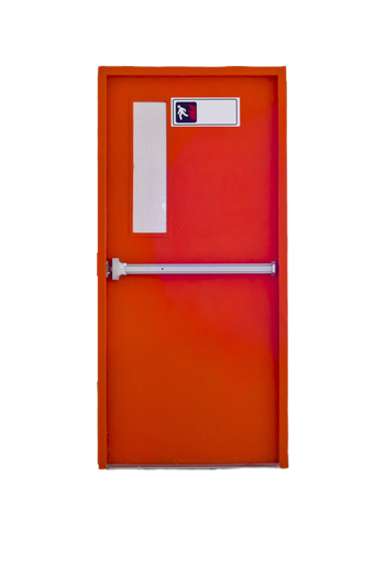 Porta industriale arancione con barra antipanico e finestrella nella parte superiore