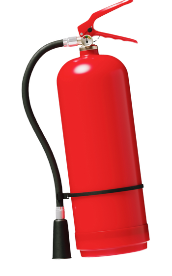 Estintore rosso con tubo e maniglia neri su sfondo bianco