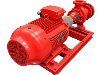 Motore elettrico industriale rosso e pompa dell’acqua su una base metallica rossa