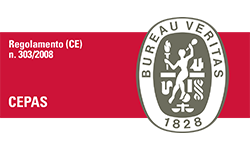 Etichetta CEPAS con banda rossa e logo Bureau Veritas, con le diciture «Regolamento (CE) n. 303/2008» e «1828»