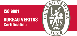 Logo della certificazione ISO 9001 Bureau Veritas, in rosso e grigio, con sigillo ovale e data 1828