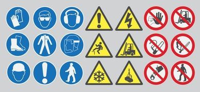 Dispositivi di protezione individuale e cartelli di sicurezza: simboli blu di obbligo, gialli di avvertimento e rossi di divieto.