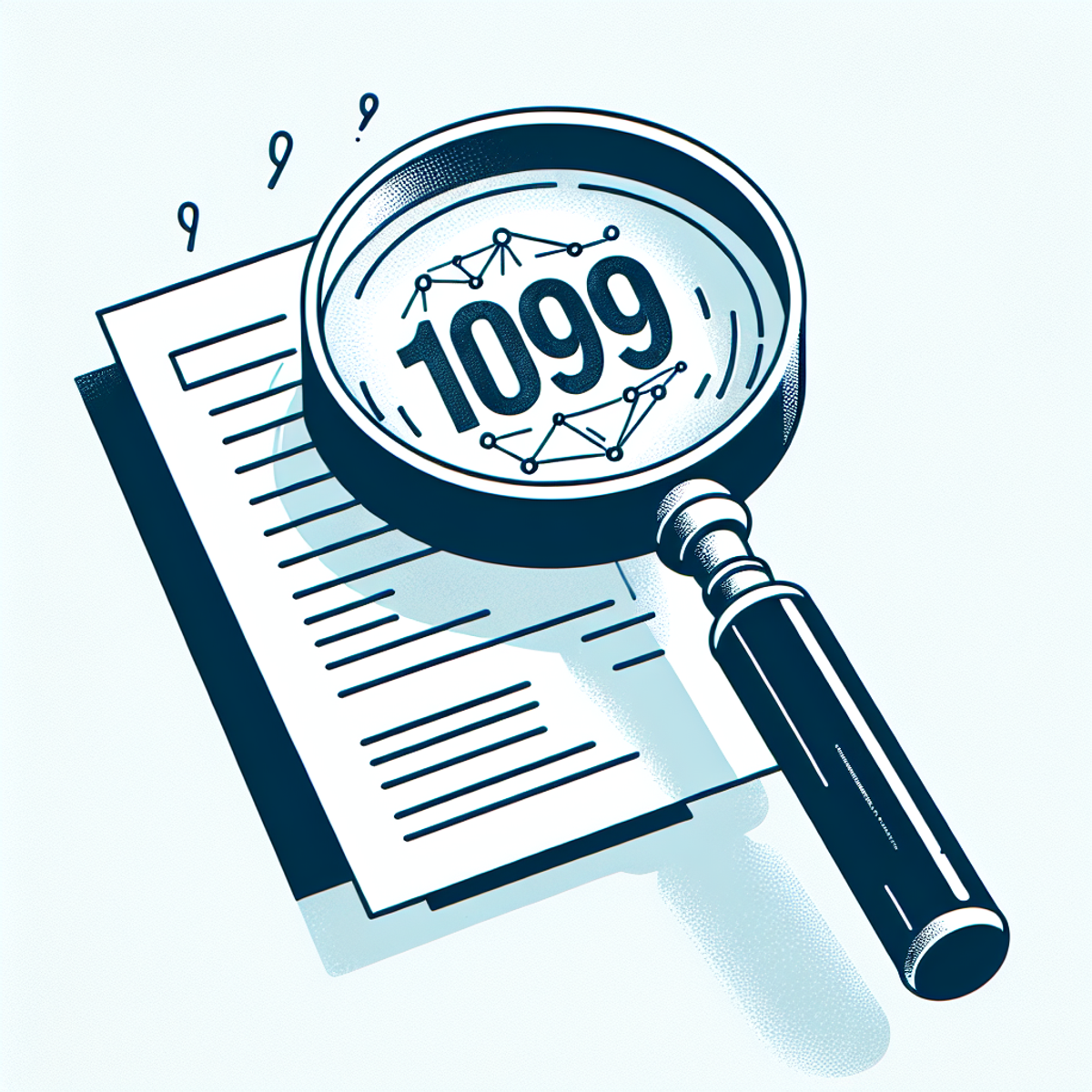 A magnifying glass hovers over a document, with '1099' represented as enlarged abstract shapes.