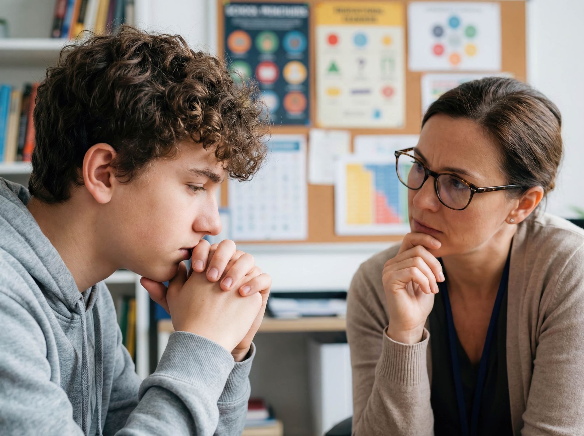 Two people in discussion at a desk, one listening intently while the other speaks in a classroom or office setting