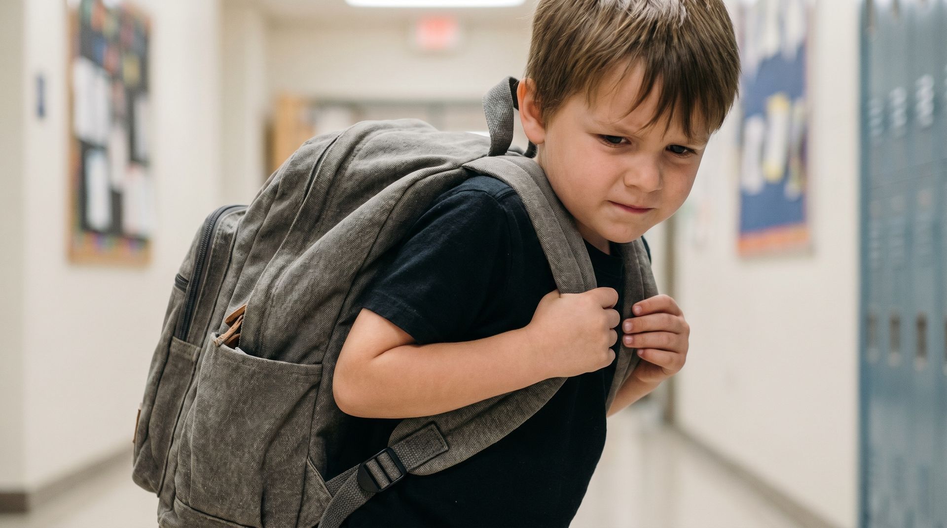 Young child with backpack looking upset in a school hallway