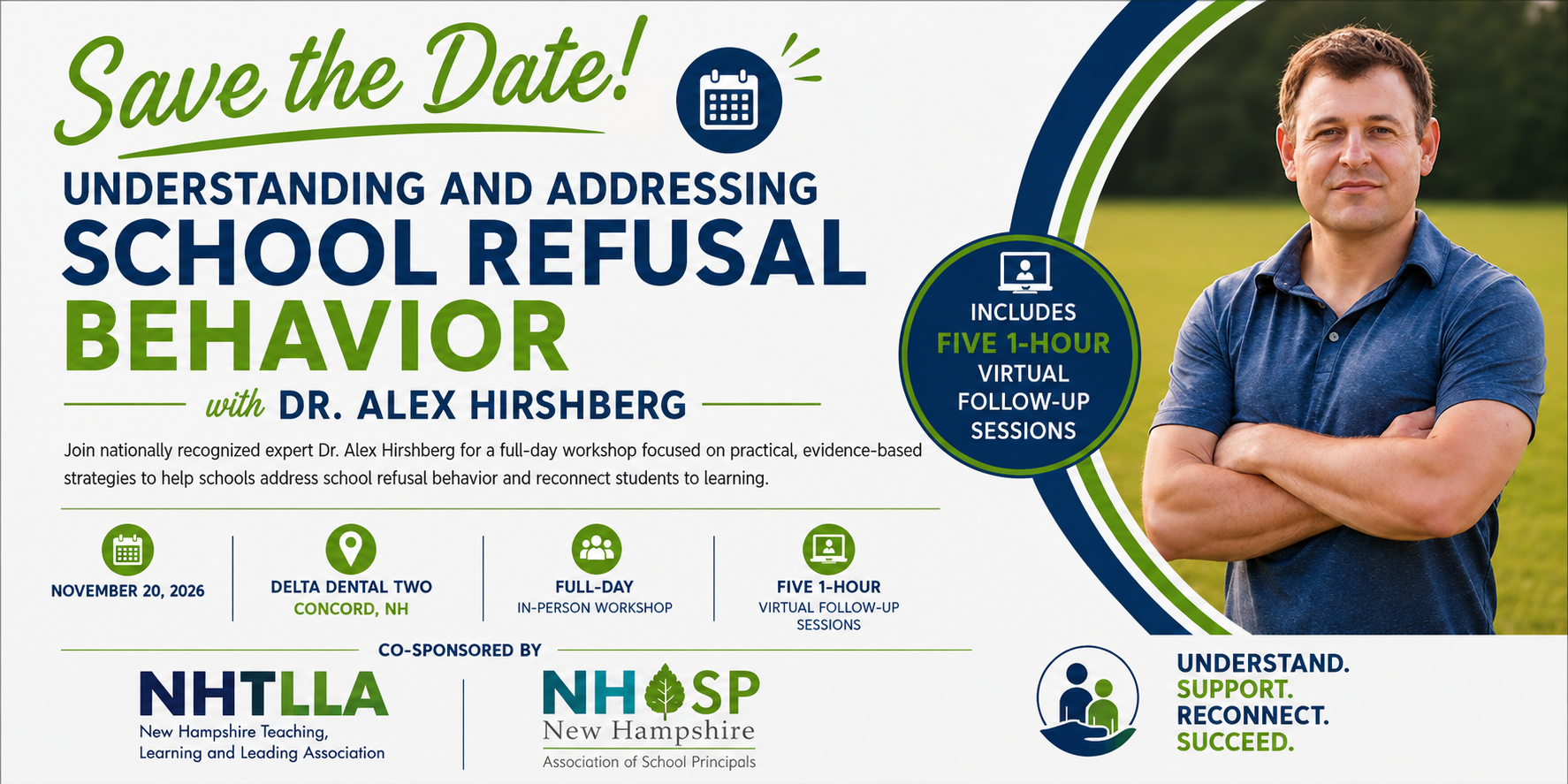 School refusal behavior webinar flyer with Dr. Alex Hirschberg, blue and white design, event details and logos