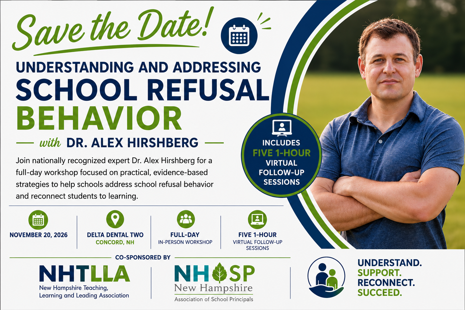 School refusal behavior webinar flyer with Dr. Alex Hirschberg, blue and white design, event details and logos