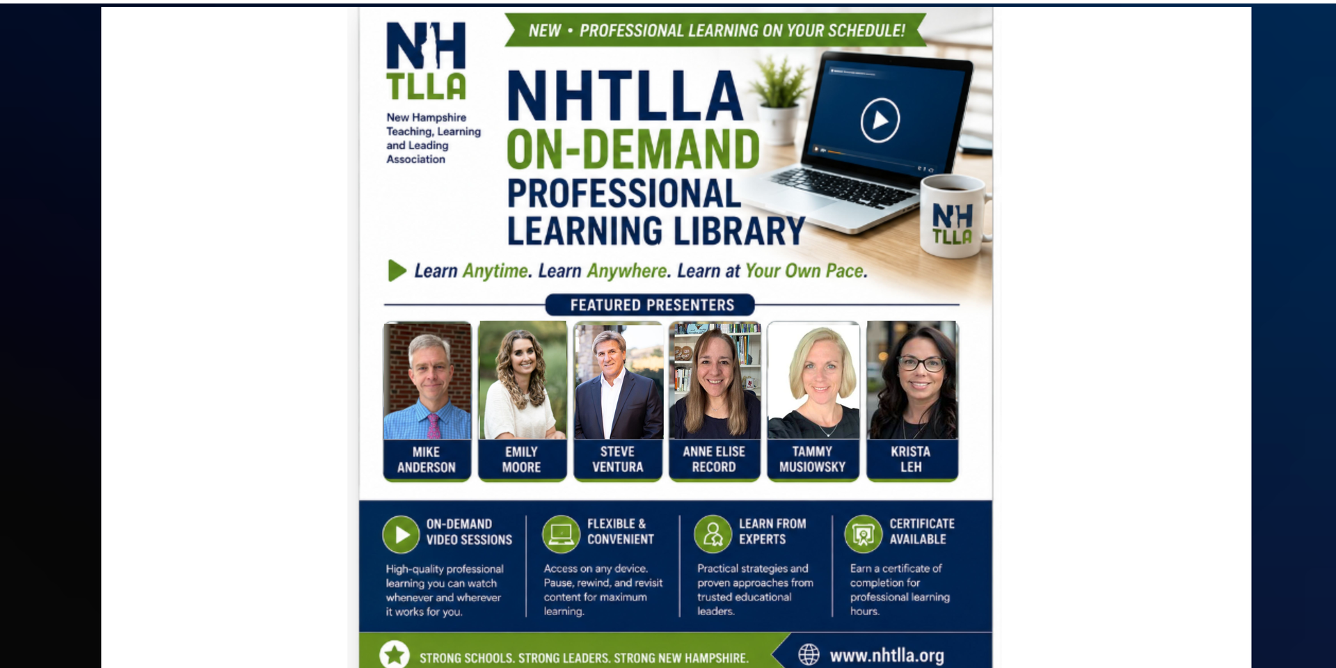 NH TLA on-demand professional learning library poster with six presenter headshots and event details
