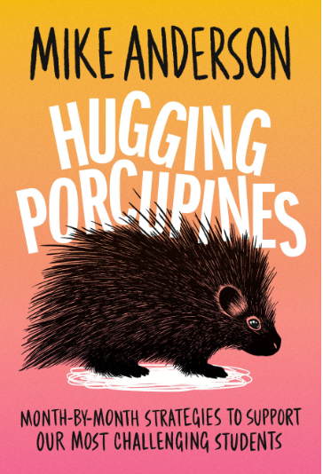 Book cover for Mike Anderson’s Hugging Porcupines, with a porcupine on an orange-pink background.