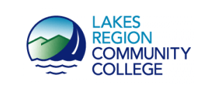 Lakes Region Community College logo with blue waves, green mountain, and blue text