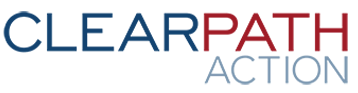 A red , white and blue logo for clearpath action