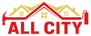 Logo for All City Home Improvement featuring a yellow roof over a brick-patterned house with a white door.
