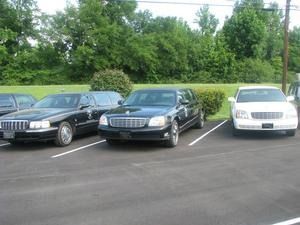 Three parked sedans in a lot, two black and one white, with trees and grass in the background
