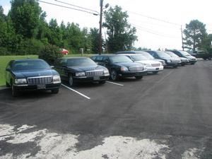Several parked cars in a lot beside trees and a paved road