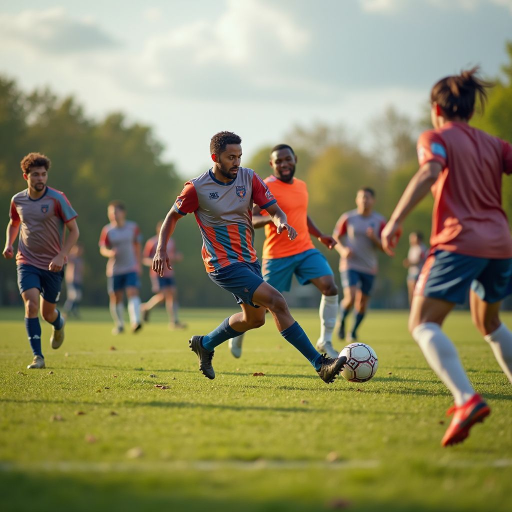 Soccer players in striped and red jerseys chase the ball on a sunny grassy field.
