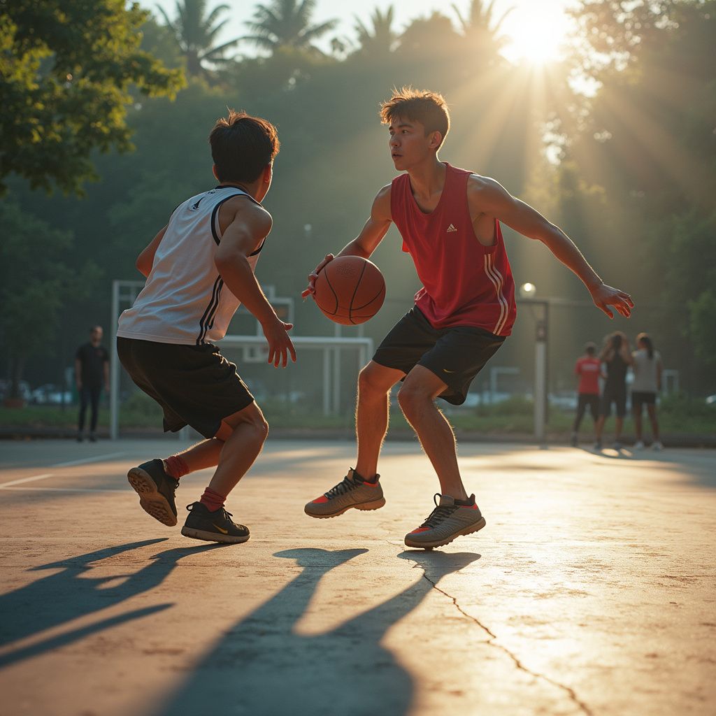 Two players playing basketball outdoors at sunset, one dribbling under bright sunlight.