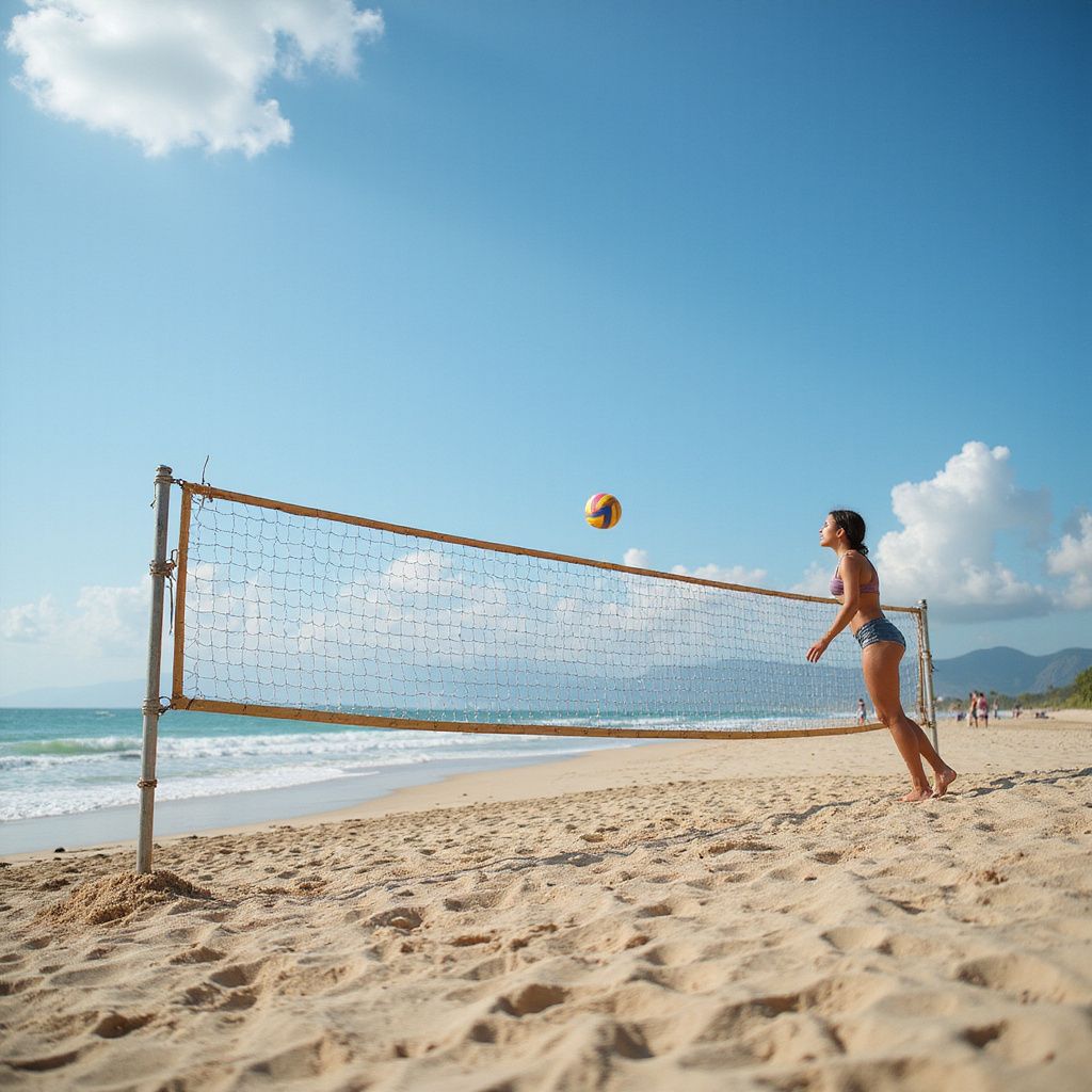 Beach volleyball player jumps near a net as the ball arcs over the sand by the ocean.