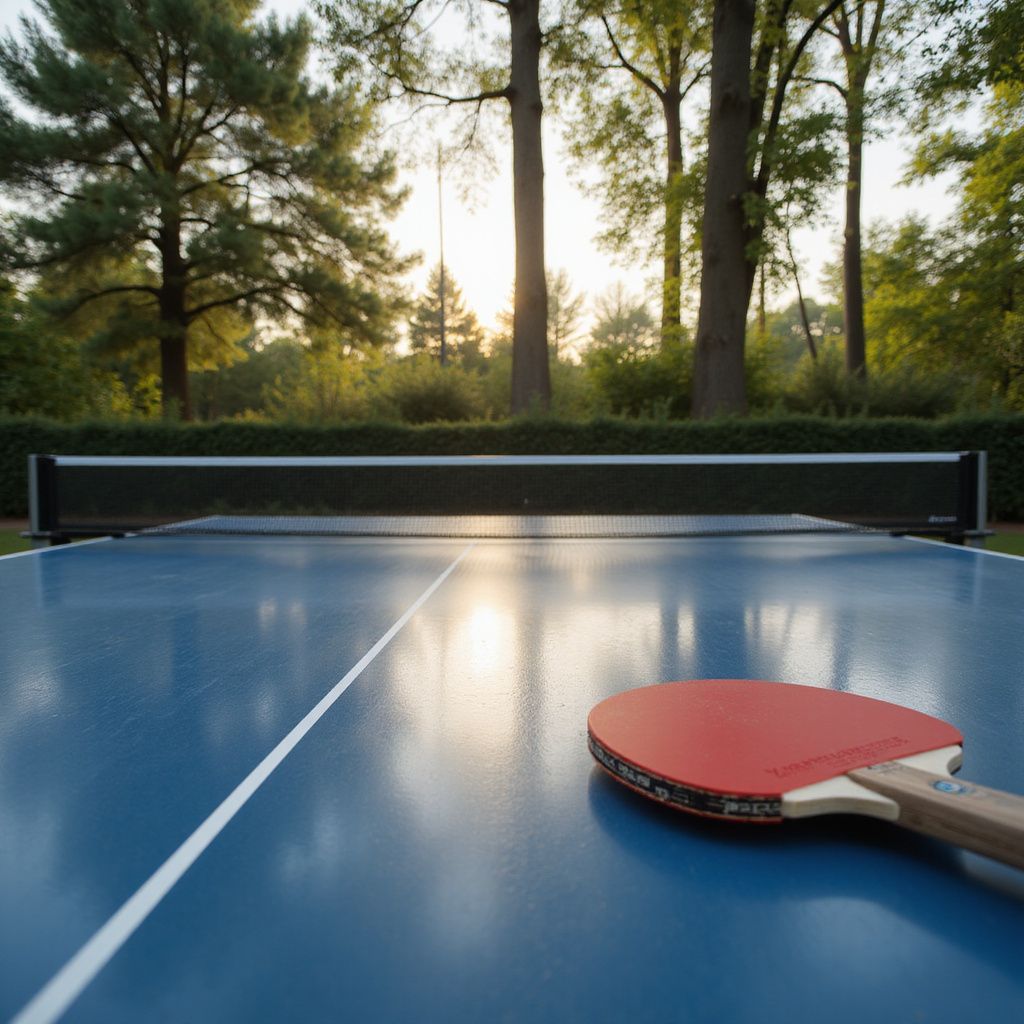 Ping-pong paddle on a blue outdoor table with a net, set against a sunlit forest backdrop