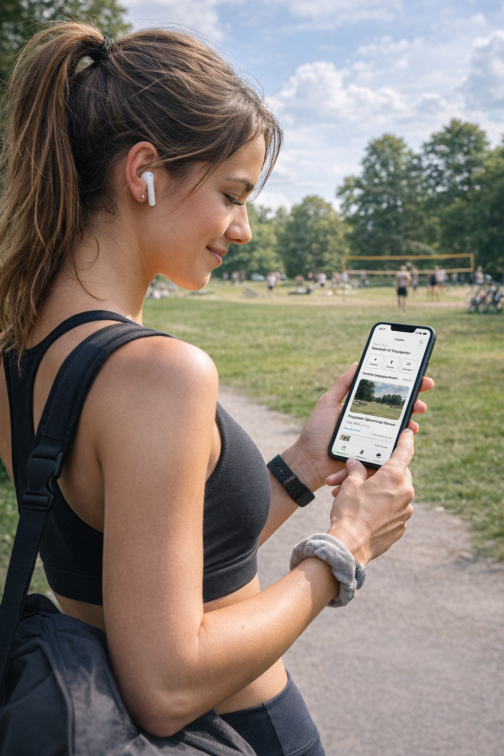 Frau benutzt im Freien in einem Park ein Smartphone; sie trägt Ohrhörer und ein schwarzes Tanktop.