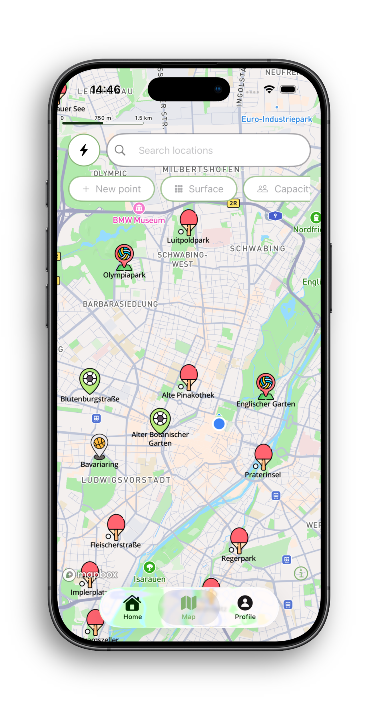 Smartphone screen showing a map with multiple colored location pins and search bar at top