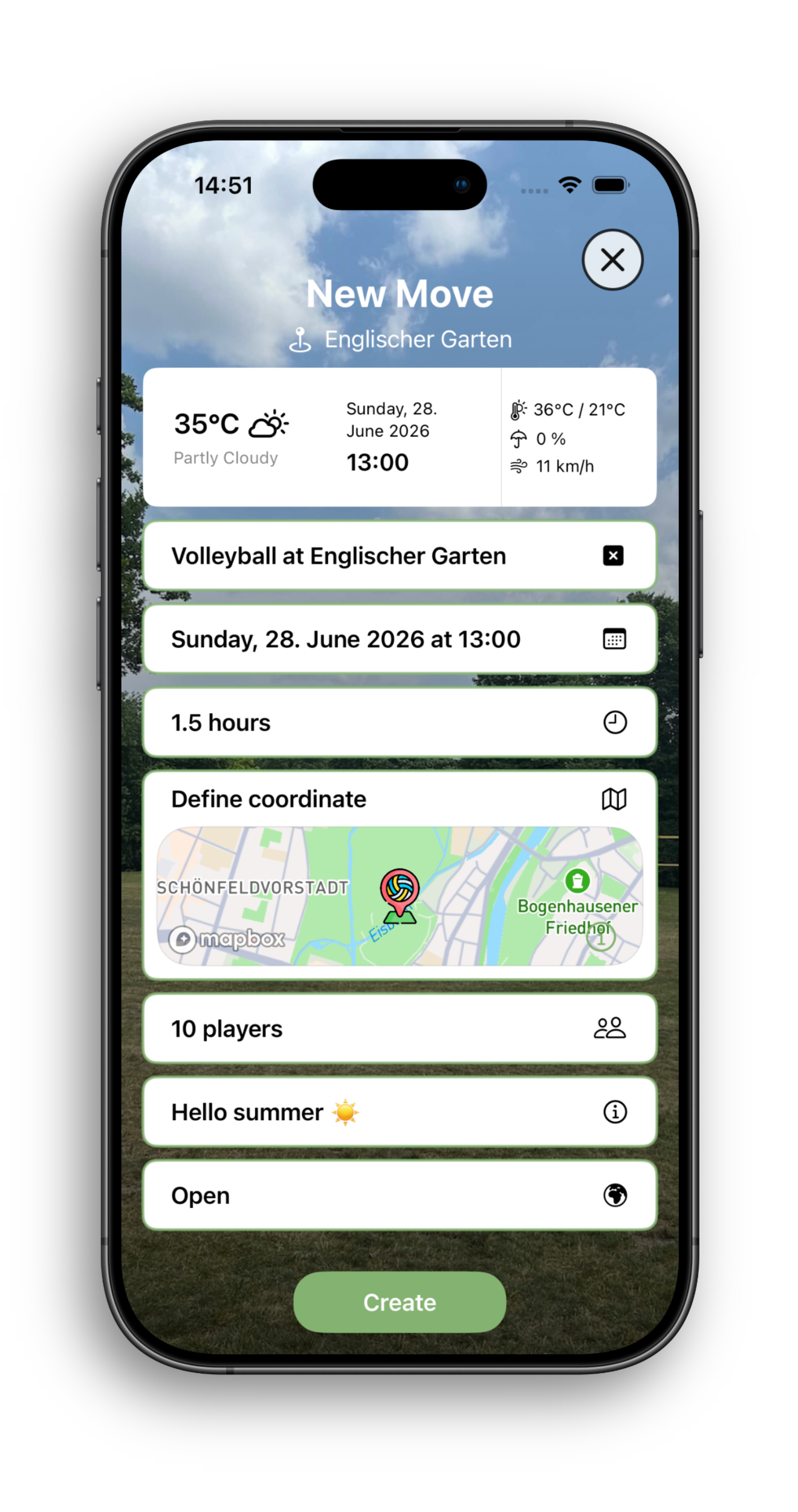 Smartphone showing a NewMovie booking form with fields, map preview, and a green submit button