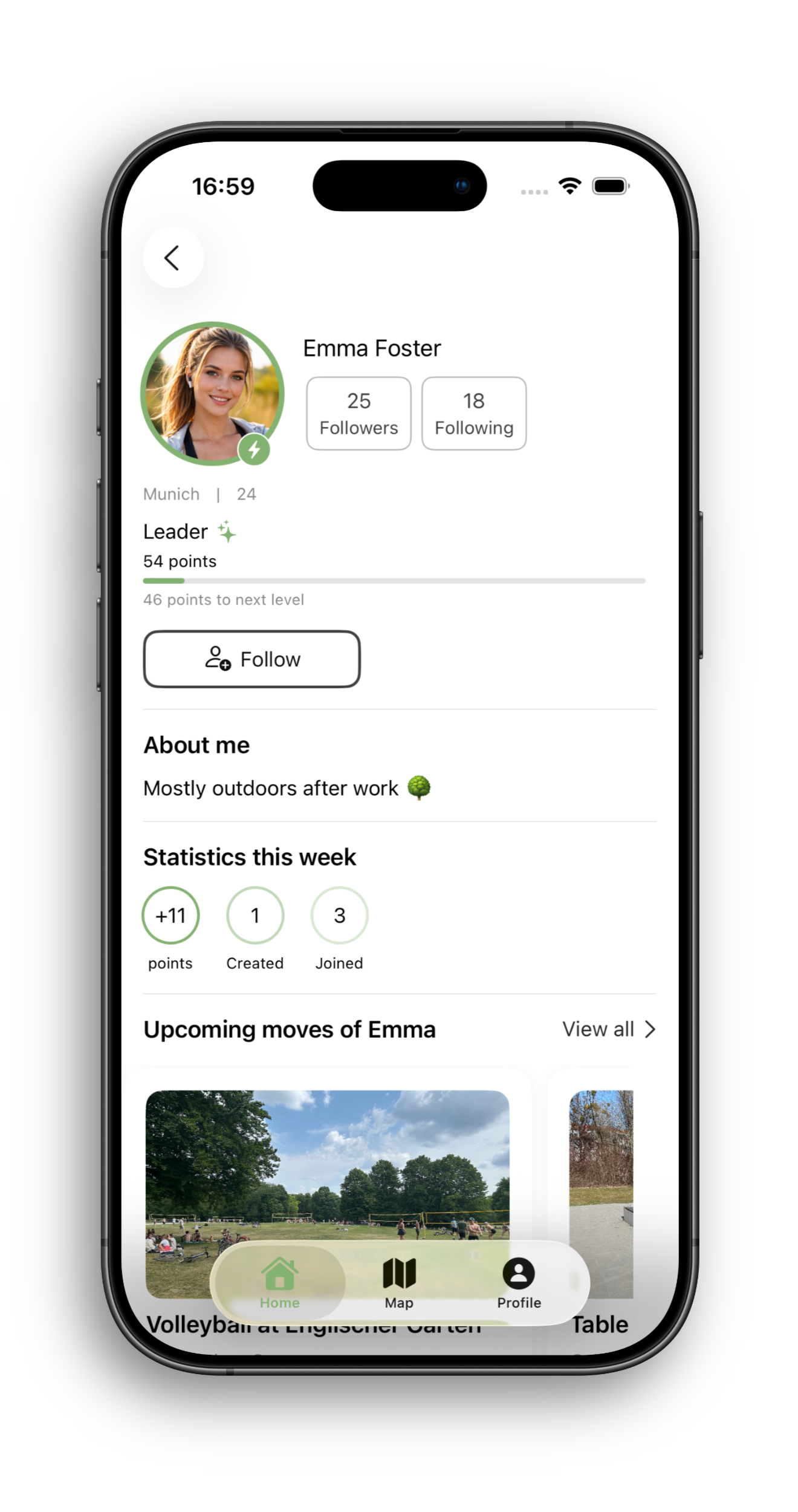 Smartphone screen showing a profile page with a circular avatar, stats, and a bottom navigation bar.