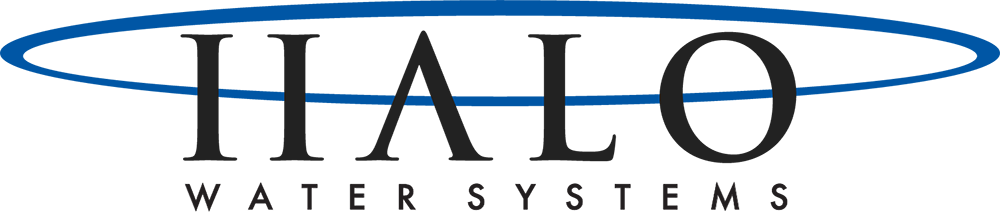 Logo for HALO Water Systems: black text with blue oval,