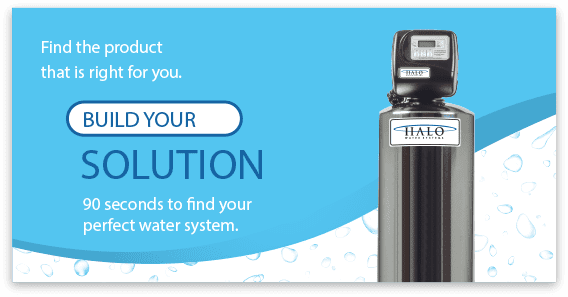 Advertisement for water system: Build your solution in 90 seconds. Features a metallic water filter against a blue background.