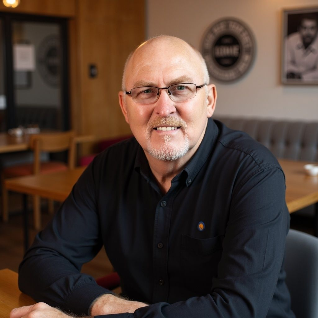 A person wearing glasses and a black collared shirt sits at a wooden table in a restaurant setting.