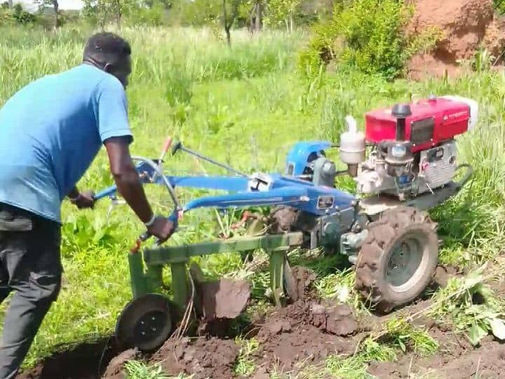 A man is plowing a field with a small tractor.
