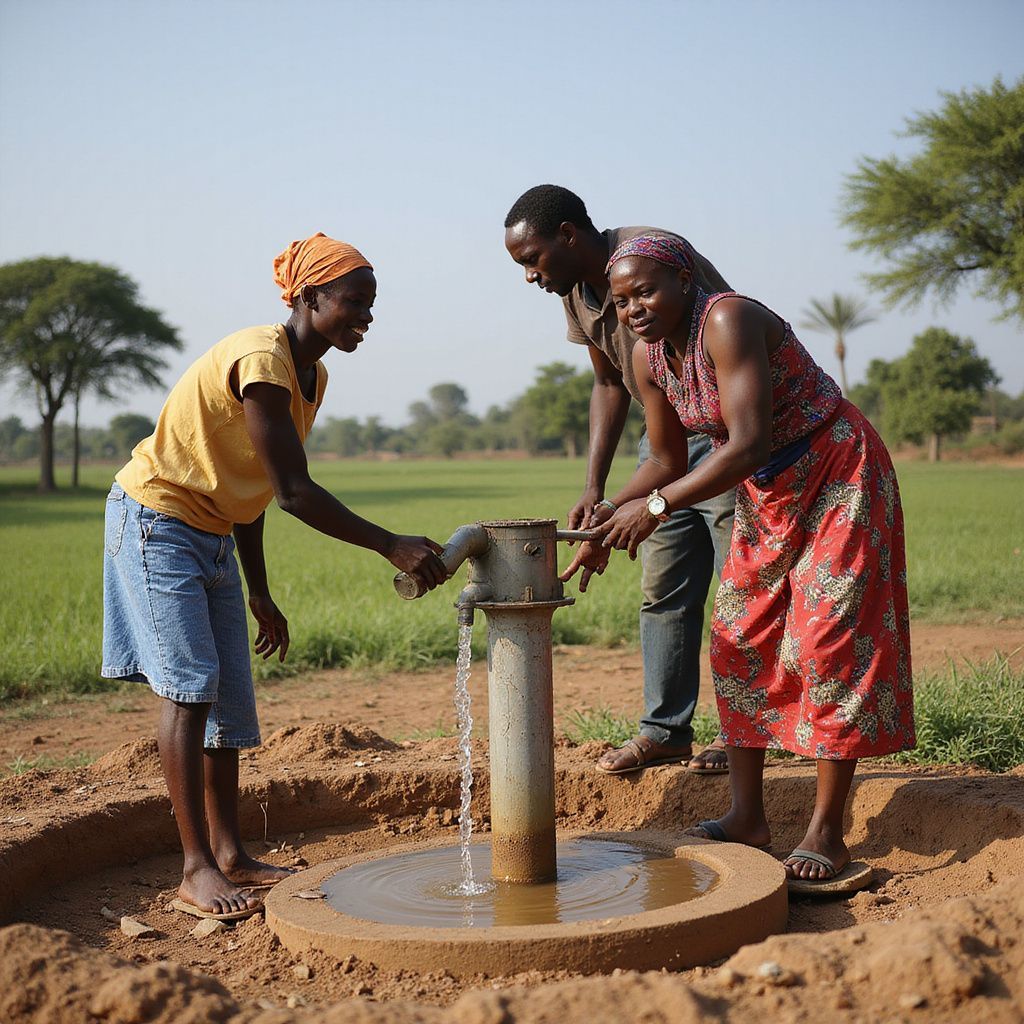Three people gather around a water pump in a field, smiling as clean water flows from the spout into a circular basin.