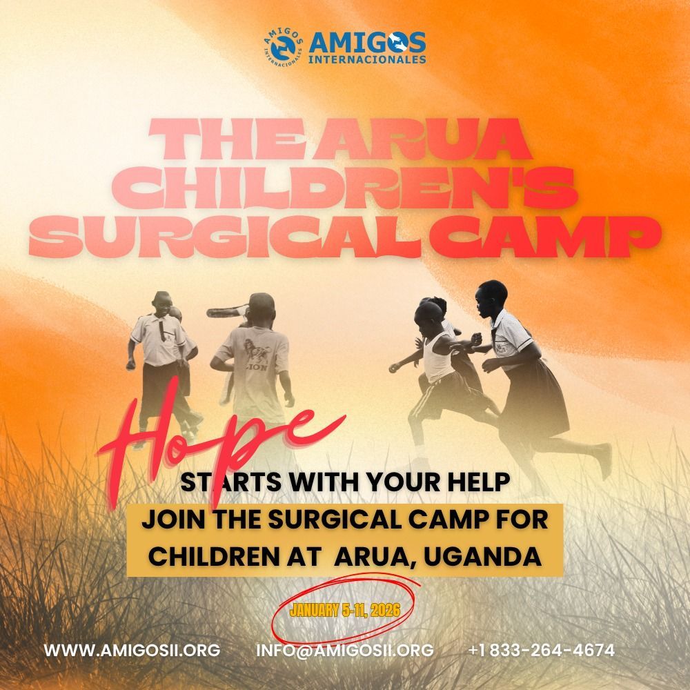 Arua Children's Surgical Camp in Uganda. Features children running, with text emphasizing