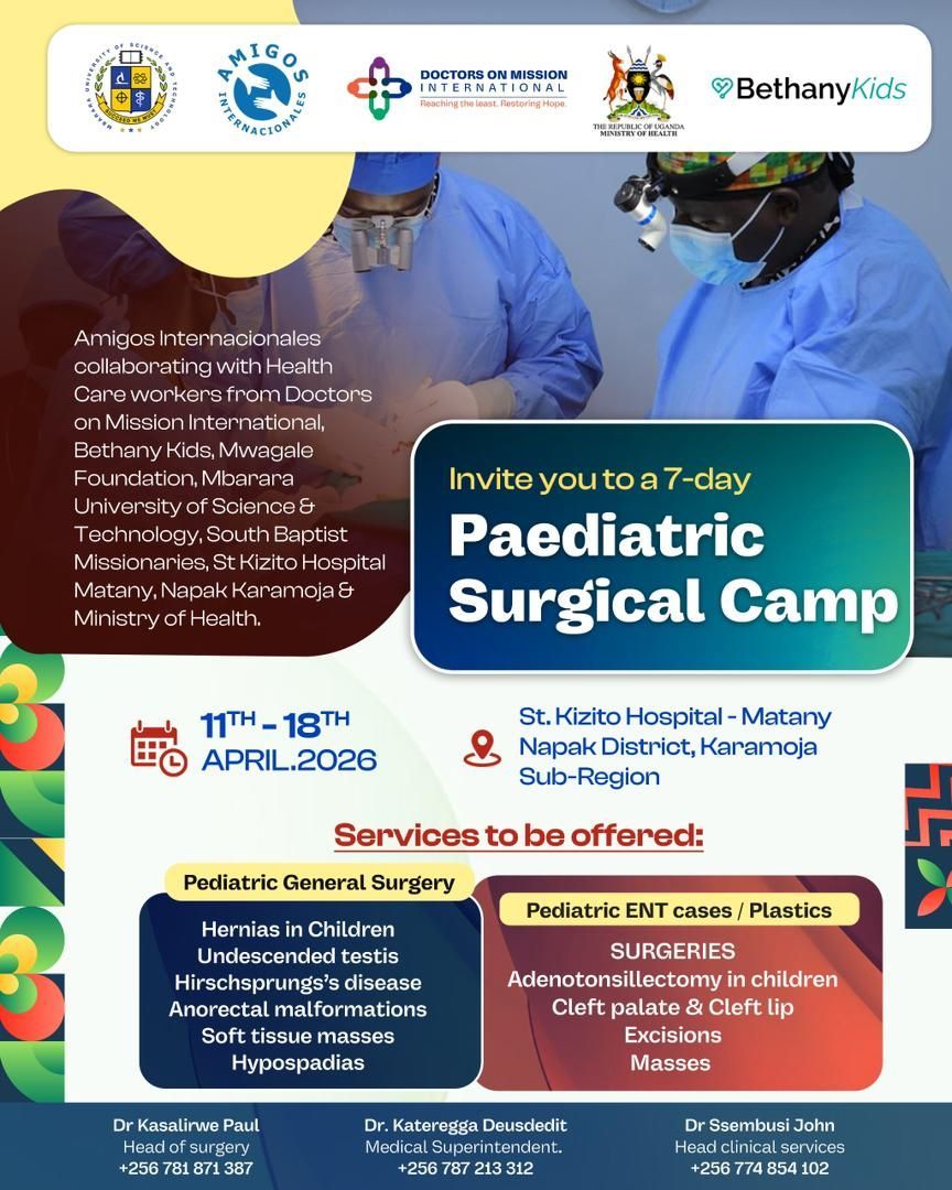 Poster for a 7-day Pediatric Surgical Camp with surgeons, dates, and services offered on a blue background