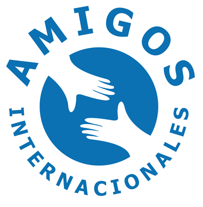 Logo azul y blanco de Amigos Internacionales con dos manos entrelazadas en un círculo.