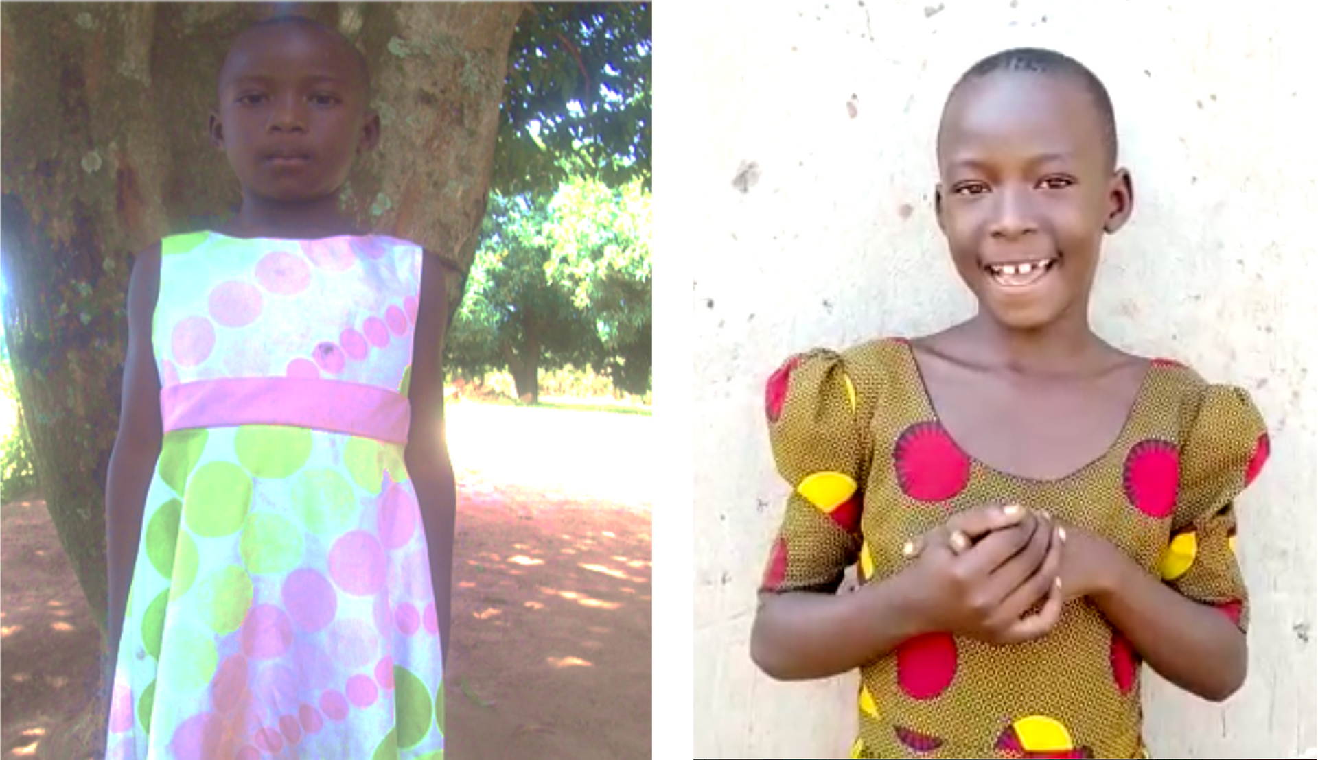 Two children posing: one in a colorful polka-dot dress outdoors, and one in a brown patterned dress smiling near a wall.