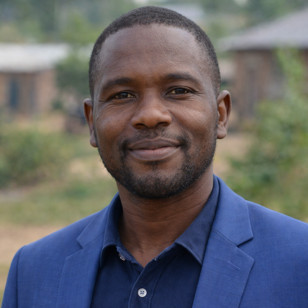 A person with a short beard smiles while wearing a navy polo shirt under a blue blazer, outdoors with blurred buildings.