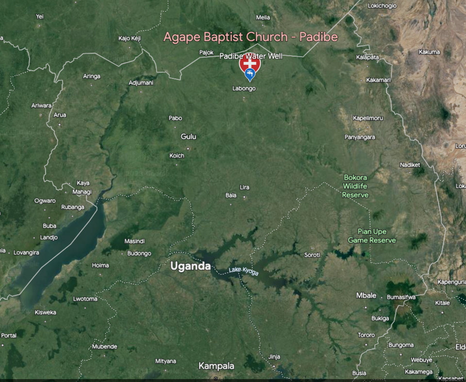 A map showing the location of agape baptist church in uganda