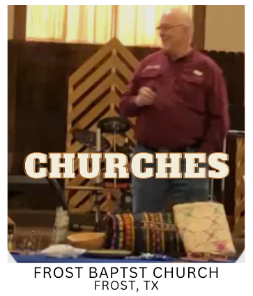 A man is standing in front of a table with the words churches on it