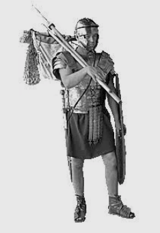 A black and white photo of a roman soldier holding a flag