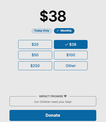 A screenshot of a donation page for $ 38