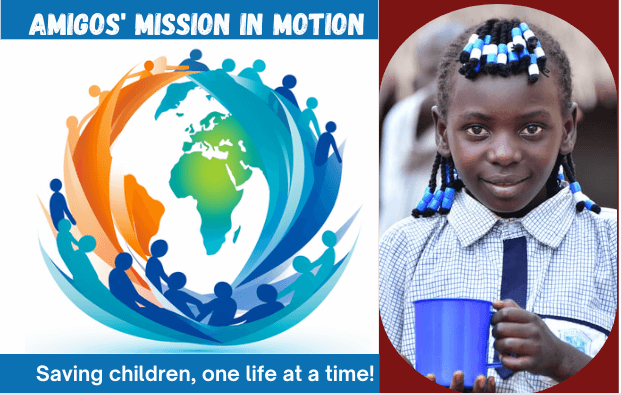 A poster for amigos mission in motion shows a girl holding a cup