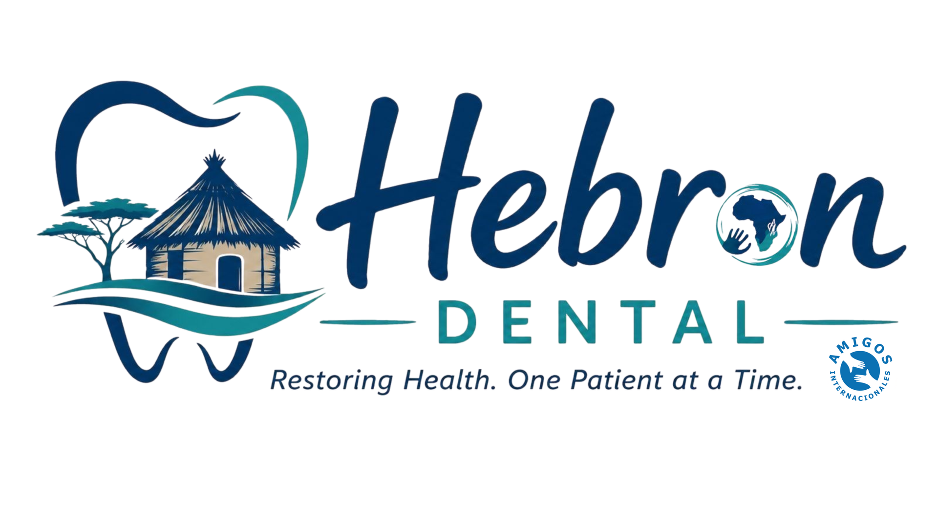 Hebron Dental logo with blue heart-shaped tooth, church icon, and tagline “Restoring Health. One Patient at a Time.”